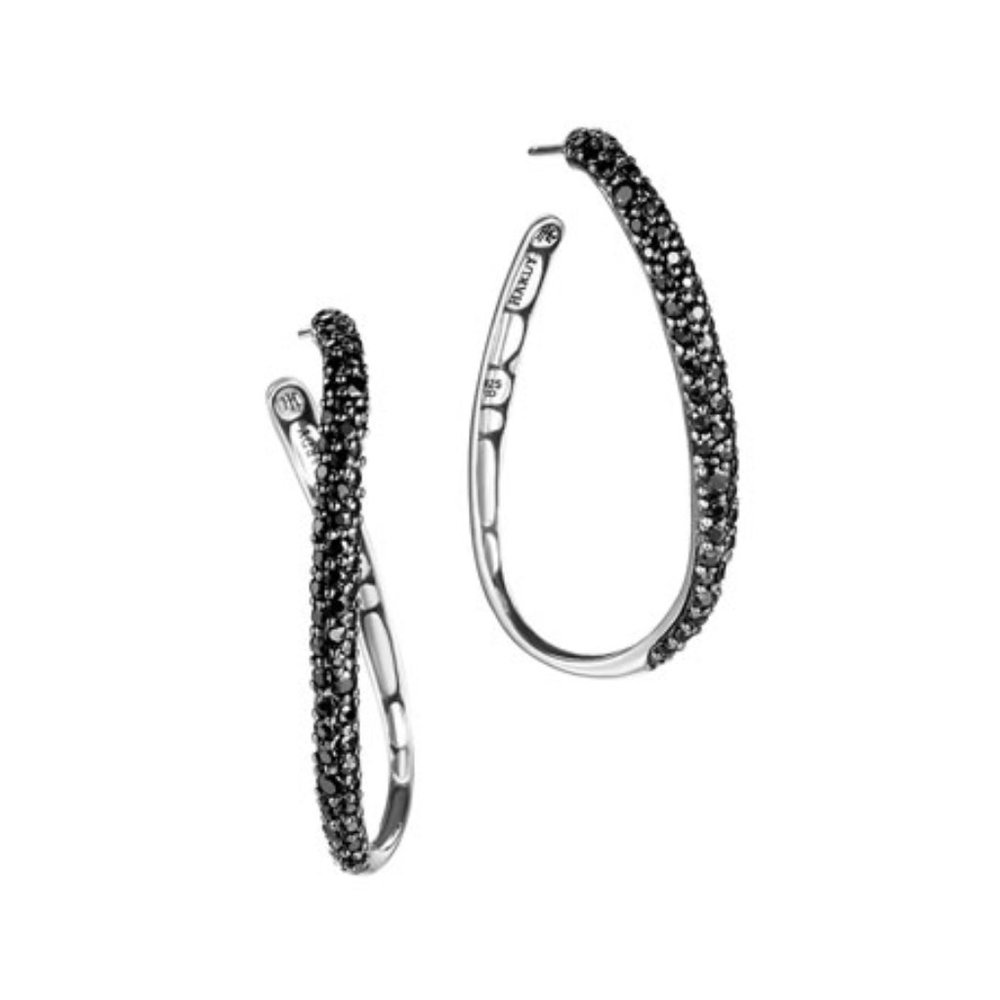 $995 John Hardy Kali Silver Lava Black Sapphire Hoop Earrings